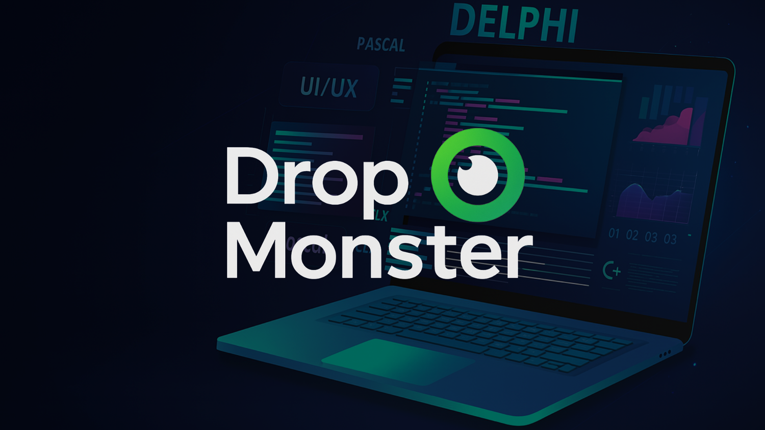Laptop with programming interface on screen and 'Drop Monster' logo in the foreground